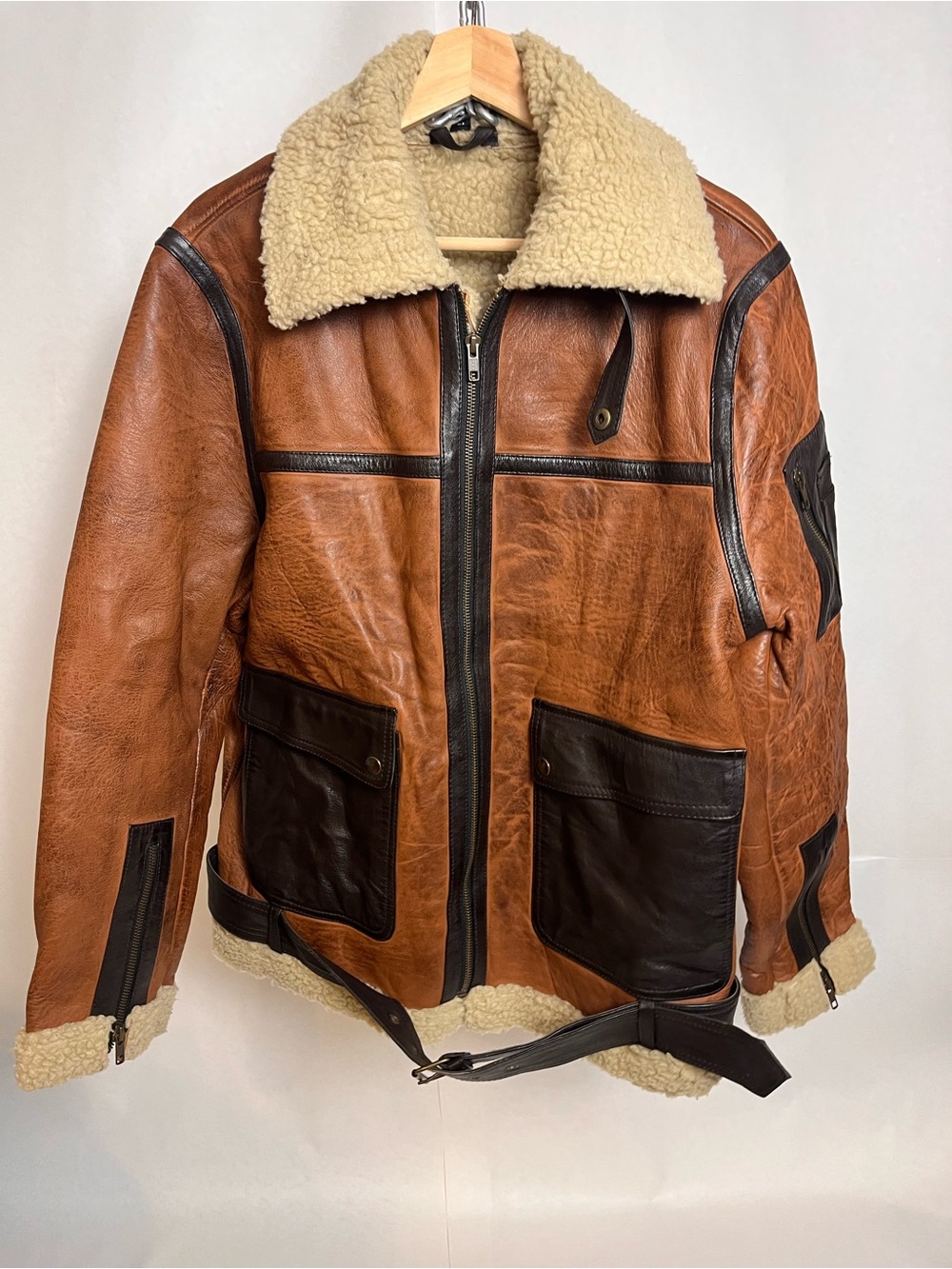 Sherpa-Lined Brown Leather Jacket